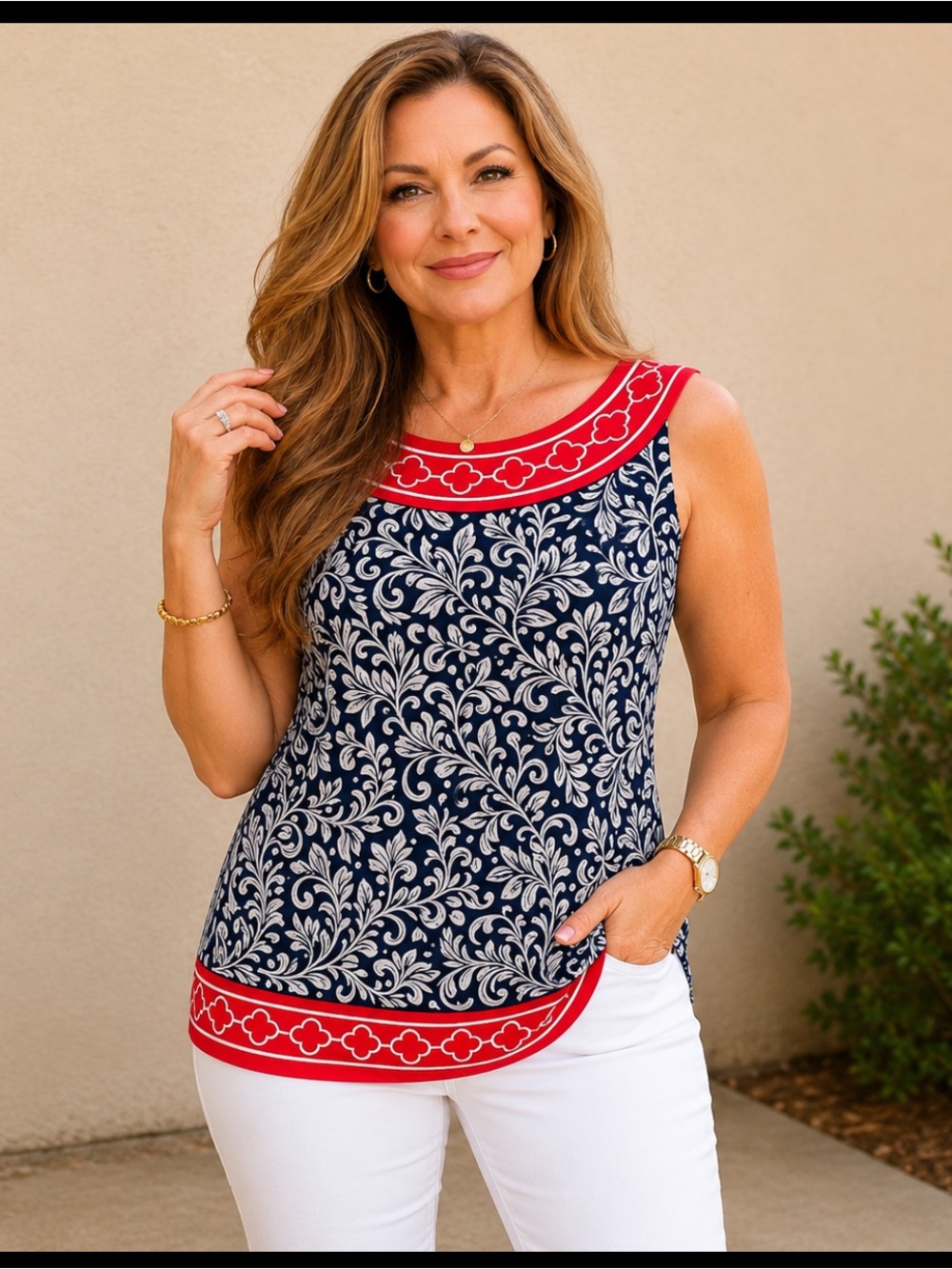 Max Studio Navy and Red Sleeveless Floral-Print Top